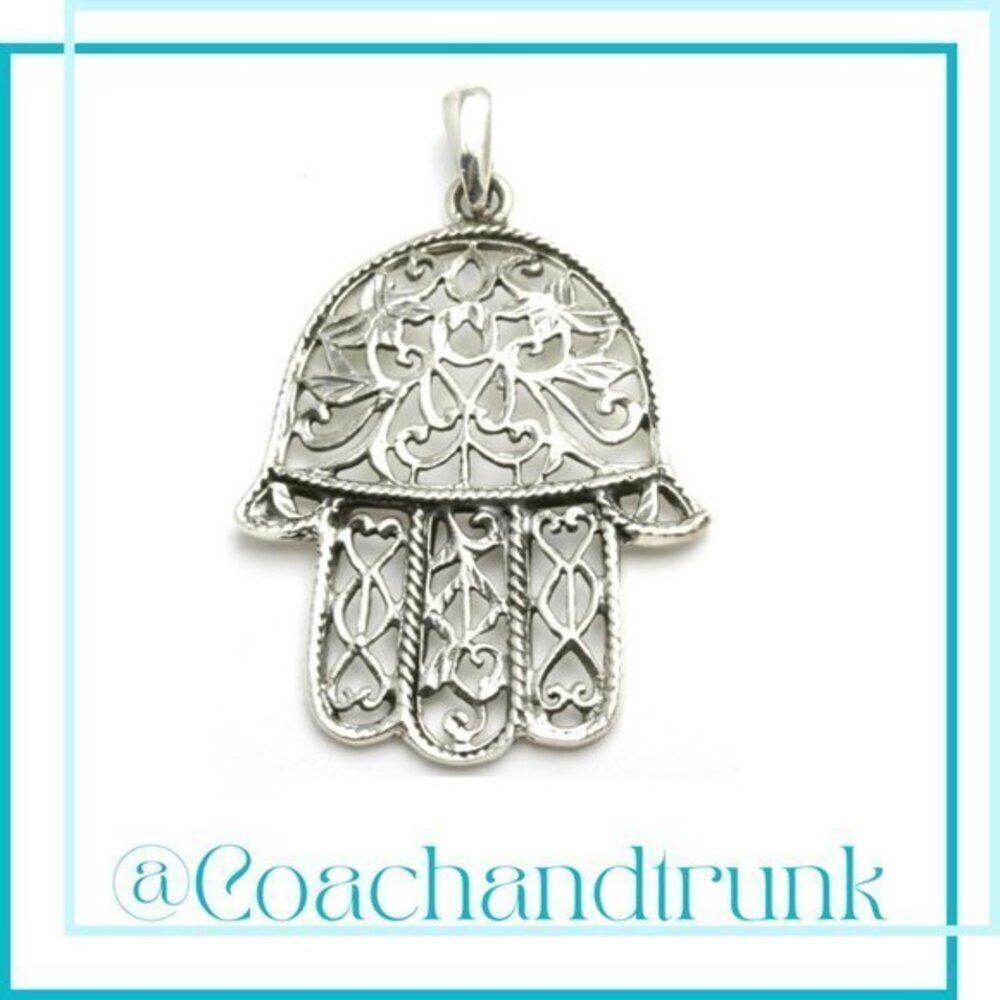 925 Sterling Chain & Pendant Hamsa Evil Eye Handcrafted Filigree Metalwork NWT